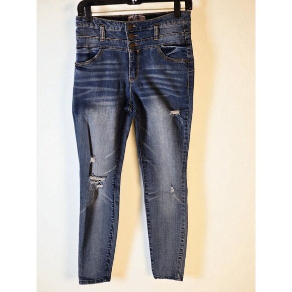 Vylette High Rise Skinny Jeans Distressed Denim Triple Button Waist Size 7 /28W - Picture 2 of 11